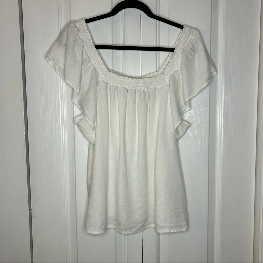A New Day XL White Linen Blend Smocked Flutter Sleeve Blouse Cottagecore